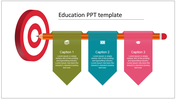 Education PPT slide featuring a target graphic and colorful banners for captions with icons.
