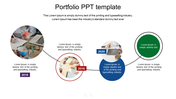 Portfolio PPT slide featuring circular sections with images for years 2016, 2018, and 2020, along with text descriptions.
