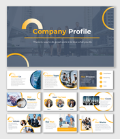 Company profile deck with a dark cover, yellow highlights, and slides for team, mission, values, process, and goals.