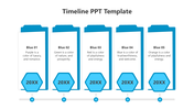 Blue themed timeline template with five hexagonal icons with text, describing different attributes.