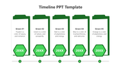 Business timeline with five vertical folder shaped elements, each featuring a description and a green hexagonal year marker.