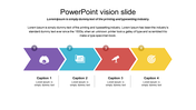 Vision PPT slide with directional arrows showing icons for a camera, graph, telescope, and target with captions.