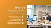 About Us slide with a orange background, business-related icons, and a workplace image featuring a team collaborating.