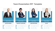 Team presentation slide showing four team members with their names, roles, contact details, and professional photos.