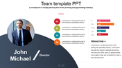 Business team introduction slide with a circular portrait, name, job title, skill proficiency chart, and descriptive text.