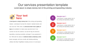 Our services PowerPoint template with an area for user provided text and colorful sample text placeholders.