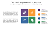 Business services slide with four square icons representing different service categories, alongside numbered captions.
