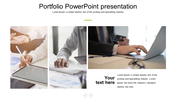 Portfolio slide layout featuring individuals using a tablet, keyboard, and laptop, representing modern business operations.