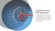 A slide featuring a Bitcoin symbol overlaid on a binary code background, with a brief description of cryptocurrency.