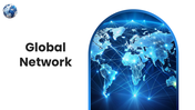 Global Network PowerPoint Template with world map connectivity graphic, blue shapes and clean white layout.