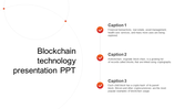 White blockchain slide with circular design and three red checkmark icons with captions arranged vertically on the right.