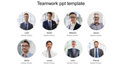 Team introduction slide displaying eight circular profile images of general directors, each labeled with a name.