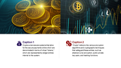 Cryptocurrency slide with images of digital coins on the left and a graph with symbols on the right, and captions below.