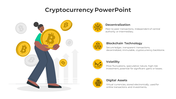 Illustration of a person holding a gold bitcoin symbol, surrounded by floating coins and four descriptive sections.