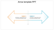 Two opposing arrows in orange and blue borders, labeled caption 1 and 2 with text placeholders inside.