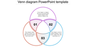 Venn diagram with numbered sections 01, 02, and 03, outlined in purple, blue, and red, with placeholder text areas.