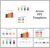 Slide deck with arrow shaped visuals in various colors, representing business processes, targets, and growth steps.
