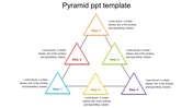 Colorful pyramid PPT template with six triangular sections representing steps, each with a caption describing the step.