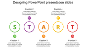 Slide with a start process diagram, where each letter appears in a separate circle, color coded and connected to captions.