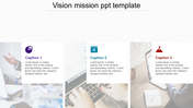 Vision and mission slide with captions, each featuring an icon and text box overlaid on a blurred workspace background.