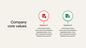 Company core values layout with red and green circular icons and placeholder text areas placed in a light background.