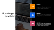 Portfolio slide featuring a coding laptop image and three numbered icons in orange, blue, and pink, a dark background.