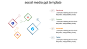 Social media slide with icons for Facebook, YouTube, Instagram, and Twitter arranged in a scattered layout.