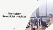 Technology slide with a modern office scene featuring multiple monitors and a man wearing a headset, alongside text.