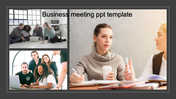 Business themed slide with a dark border, showcasing three photos of workplace meetings and team discussions.