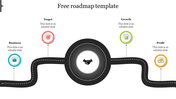 Circular hub with handshake icon, linked to milestones using a curved black road and four colorful icons on a white backdrop.