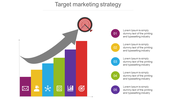 Colorful bar graph with a gray arrow pointing towards a target icon, with numbered circles and text on the right.