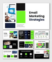 Email marketing strategies PPT with green black theme, email visuals, charts, icons, shapes, and clean layouts for insights.