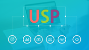 USP infographic with a central bold text linked to six circular icons representing key business and marketing concepts.