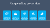 Unique selling slide with five bright blue rectangular cards, each containing a white icon and text, on a dark gray backdrop.