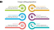 Unique selling slide with six circular icons in green, yellow, blue, purple, red, and teal, each linked to text bars.