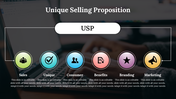 Dark themed slide with a central white box connected to six colorful circular icons with labels, on a blurred background.