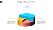 PPT slide showing a colorful pie chart for a unique selling proposition, with three sections and placeholder text.