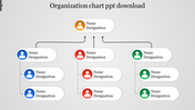 Organization chart template with rounded rectangular sections in blue, red, green, and orange, structured in a hierarchy.