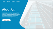 About Us slide with a blue and white split design, bold heading, descriptive text, and a modern glass building background.