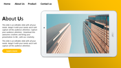 About us slide with text on the left and a tablet on the right showing a cityscape, in a yellow and white theme.