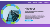 About Us slide with a purple gradient background, a segmented circular frame around a skyscraper image, and descriptive text.