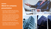About Us company presentation slide showing a business professional and modern buildings alongside a placeholder text.