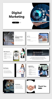 Digital marketing company profile with modern black and white layouts, infographic elements, and business images.