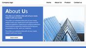 About Us template with a blue content box, business description, and a high-rise glass building image on the right.
