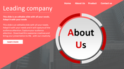 About us slide with a diagonal red and gray overlay, featuring a large circular graphic, on a building background.