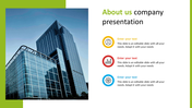 Company PPT presentation slide with modern building background and colored icons with placeholder text.