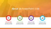 About Us slide with an orange skyscraper background, a white lower section, and four circular icons in various colors.