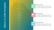Professional about us PPT slide with colorful icons and modern office building background with placeholder text.
