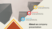 About us slide with a beige background, featuring geometric design, and three key point markers in yellow, red, and blue.