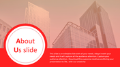 Professional about us PPT slide featuring a modern building and red color scheme with placeholder text.